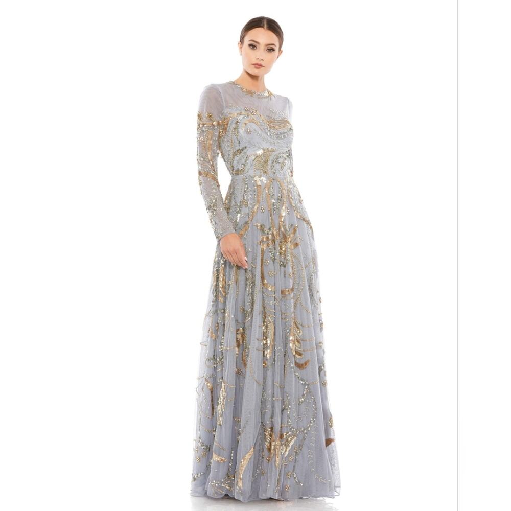 Mac Duggal LONG SLEEVE EMBELLISHED ILLUSION GOWN EVENING IN PLATINUM AND GOLD.